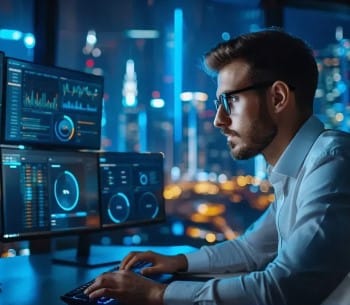 hombre mirando pantallas con estadisticas tipos de seo,tipos de posicionamiento,tipos de estrategias seo,tipo de seo