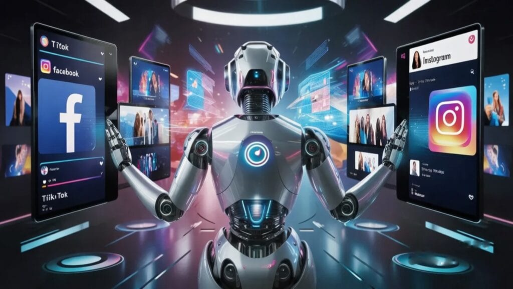 ia para redes sociales un robot trabajando con ia para redes sociales